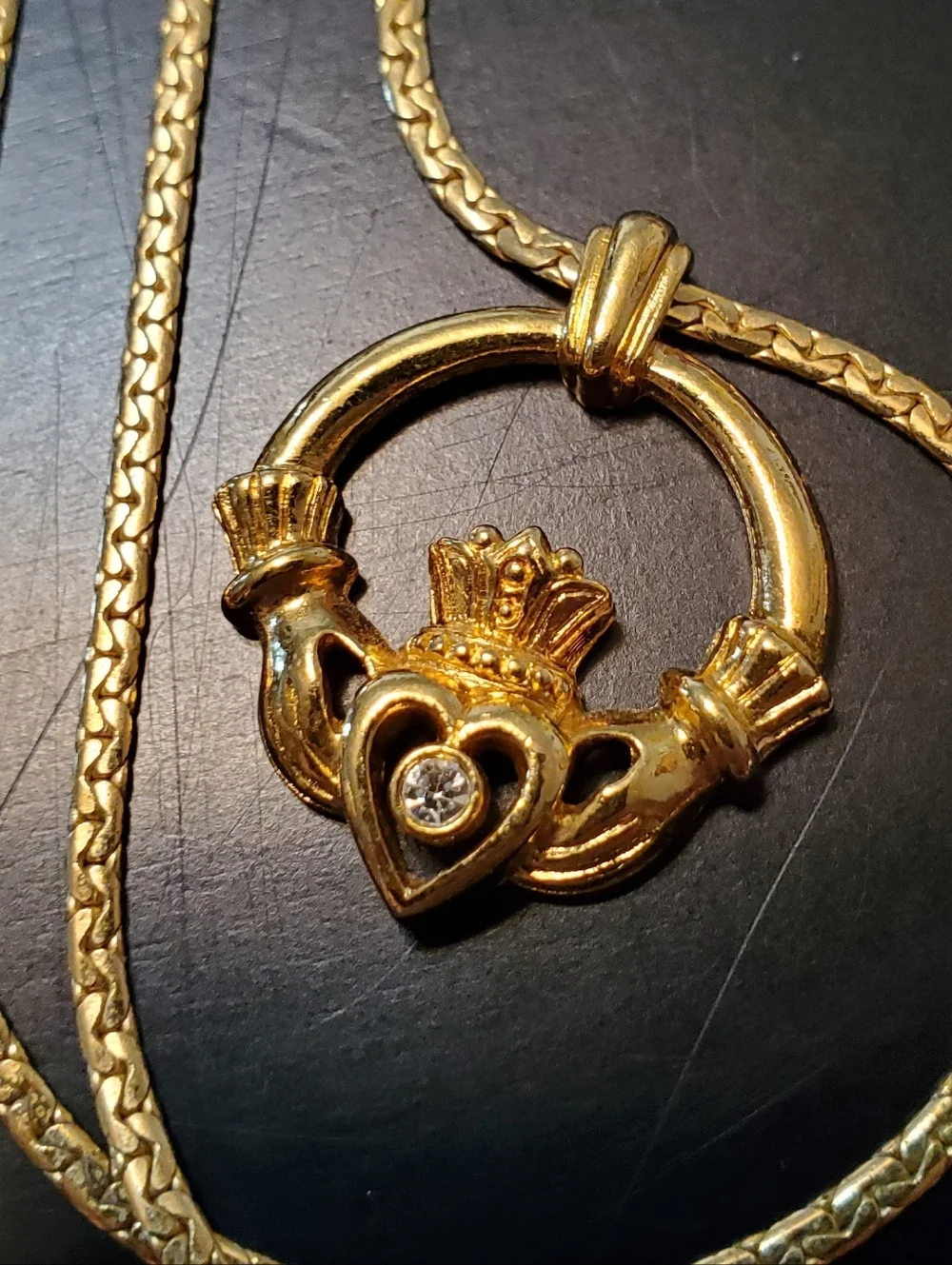 Faux Gold Claddagh Pendant Necklace with Heart and‎ Clear Stone